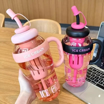 Ice cream-themed 1200ml water bottle with straw – pink outdoor design | N.C.C