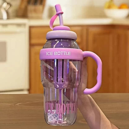 Ice cream-themed 1200ml water bottle with straw – pink outdoor design | N.C.C