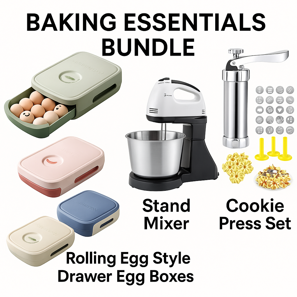 Baking Essentials Bundle – Rolling Egg Drawer, Stand Mixer & 19-Piece Cookie Press Set | N.C.C