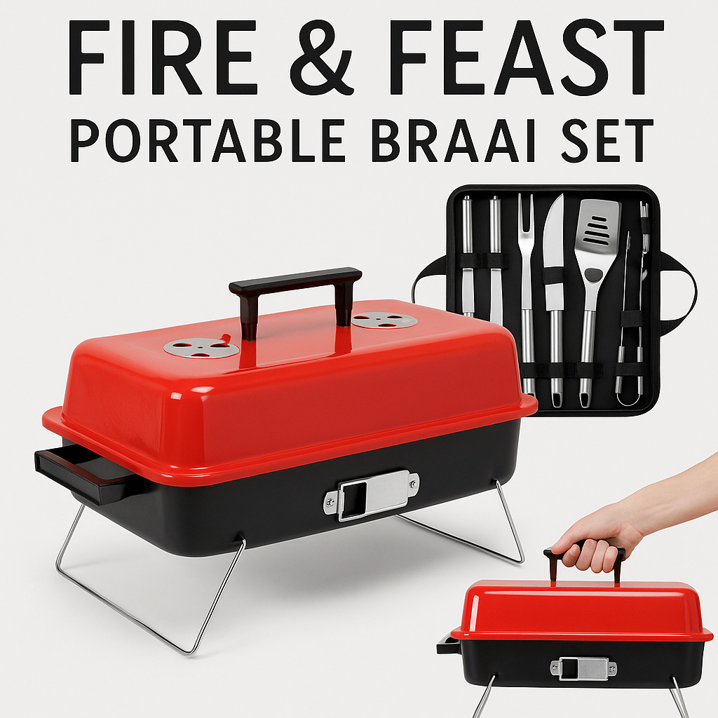 Fire & Feast portable braai set with charcoal grill and 9-piece stainless steel BBQ tools | N.C.C