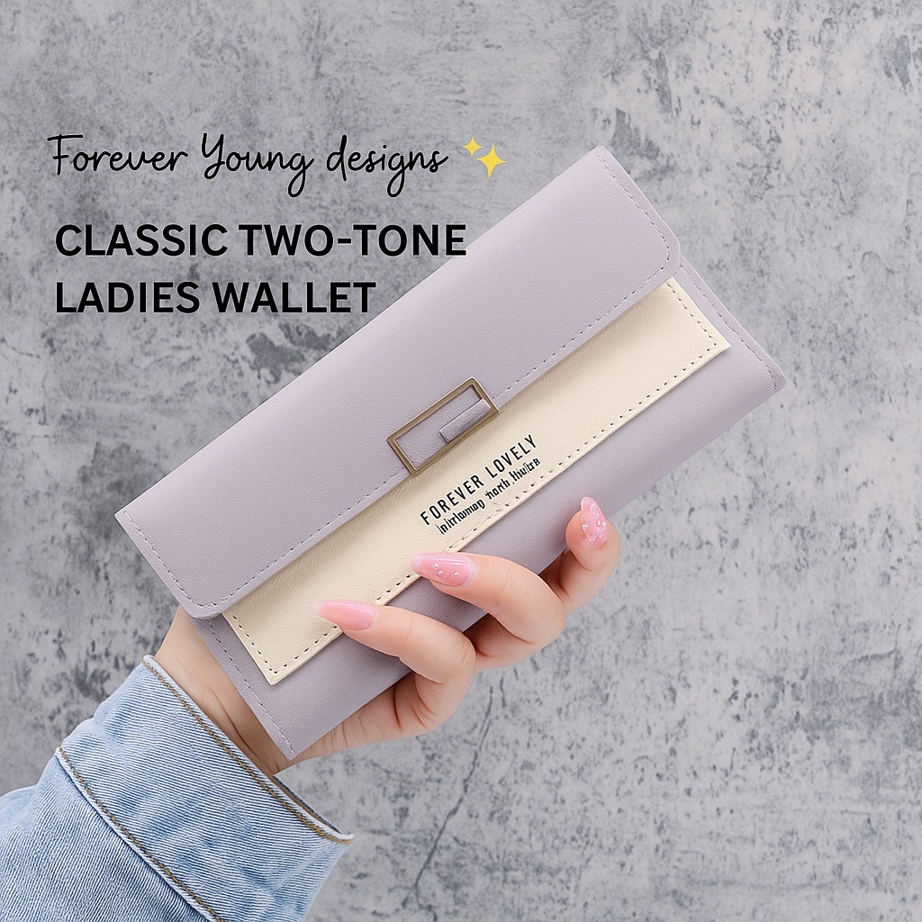 Ladies Classic Long Wallet – Two-Tone PU Leather, Tri-Fold | N.C.C