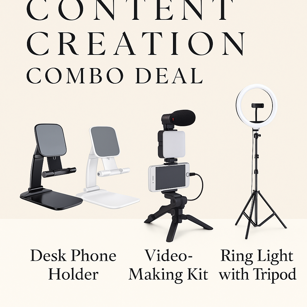 Content Creation Combo Set – desk phone holder, video-making kit and ring light with tripod | N.C.C