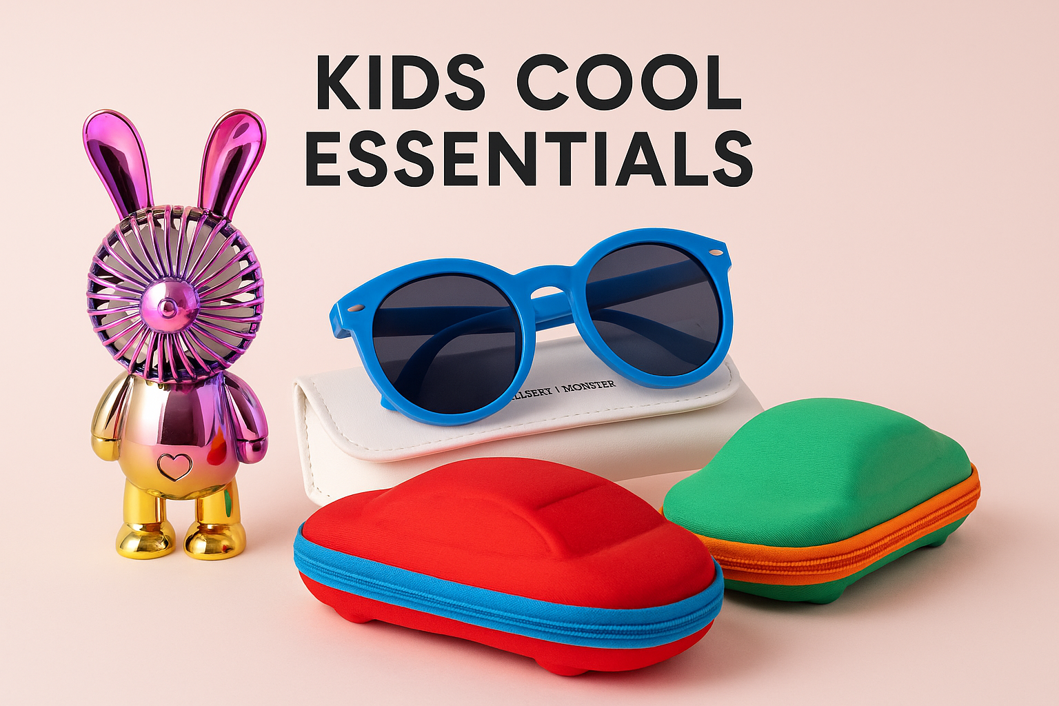 Kids cool essentials bundle – UV sunglasses, car zipper case and mini bear fan | N.C.C