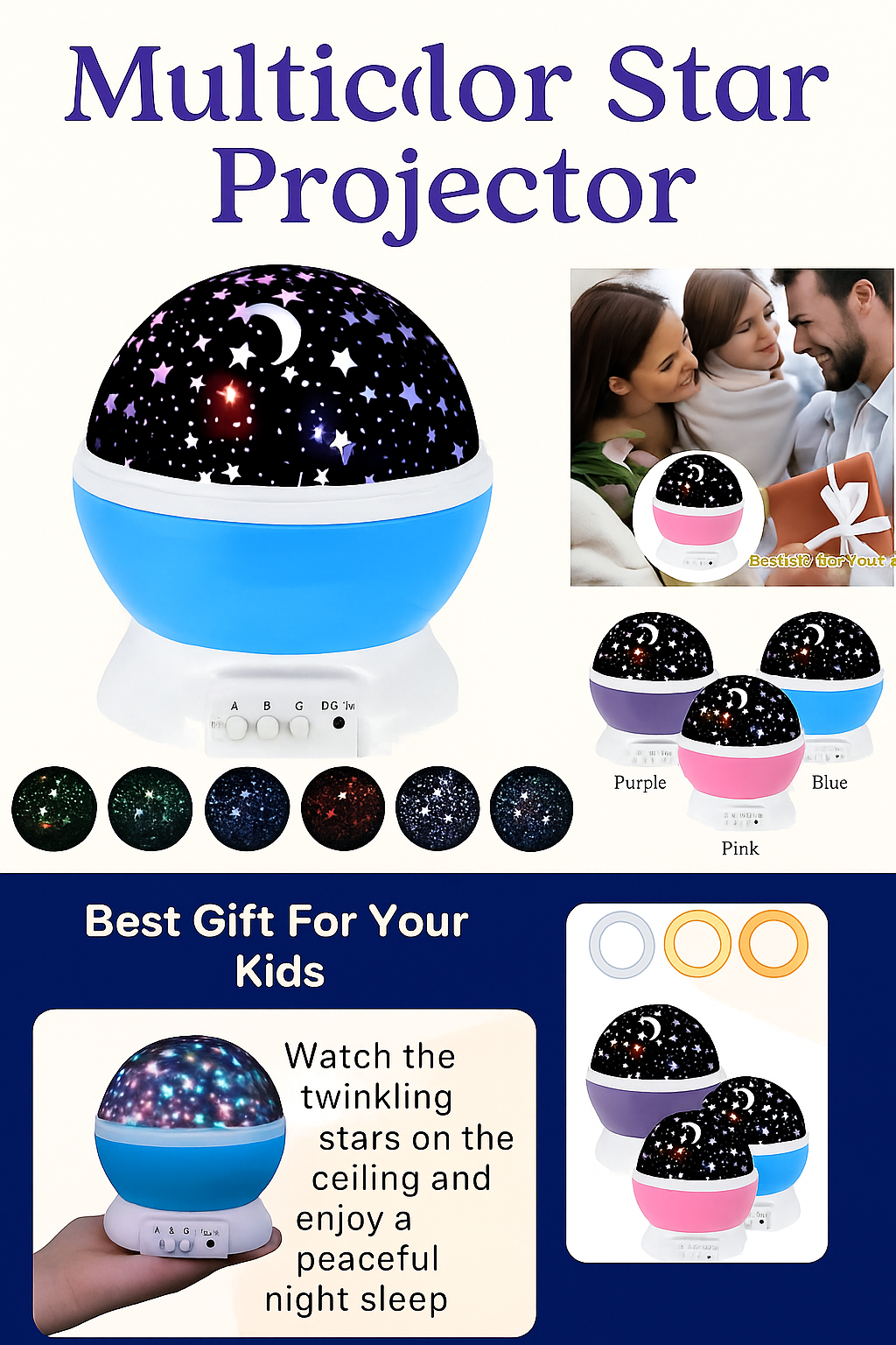 Multicolor star projector night light for kids bedroom