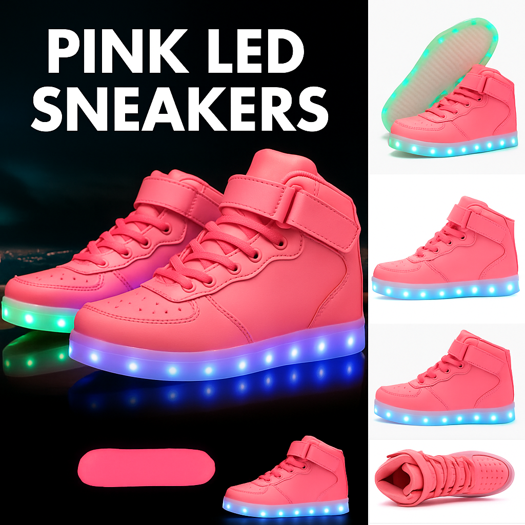 Girls LED light-up high top shoes – USB rechargeable pink sneakers | N.C.C