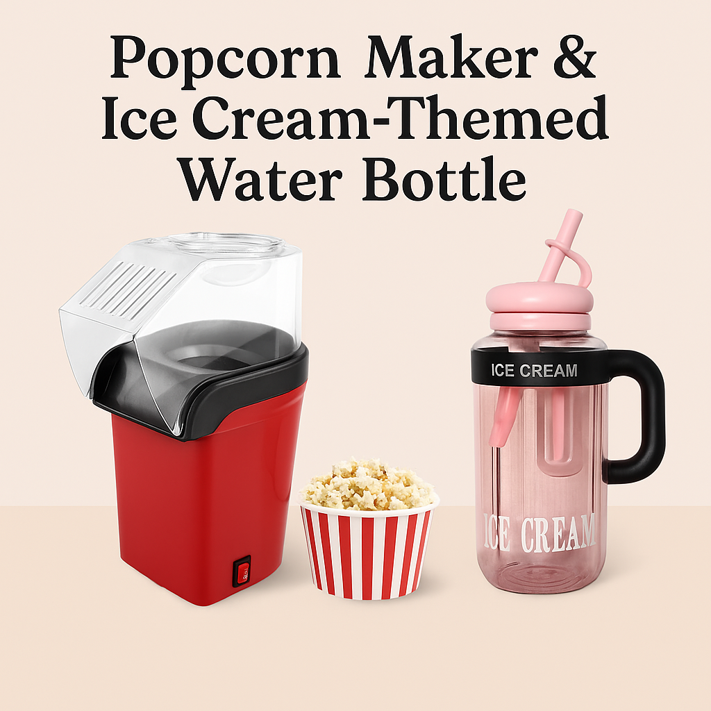 Ice cream-themed 1200ml water bottle with straw – pink outdoor design | N.C.C
Electric 770W popcorn maker – compact home appliance | N.C.C