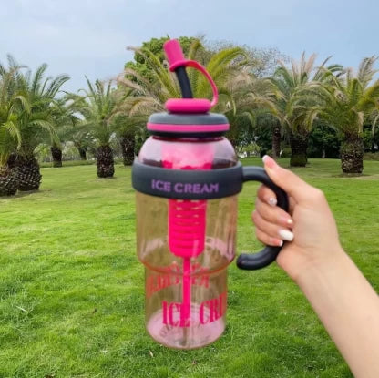 Ice cream-themed 1200ml water bottle with straw – pink outdoor design | N.C.C
