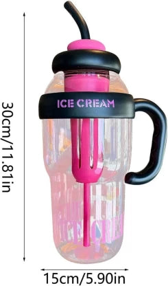 Ice cream-themed 1200ml water bottle with straw – pink outdoor design | N.C.C