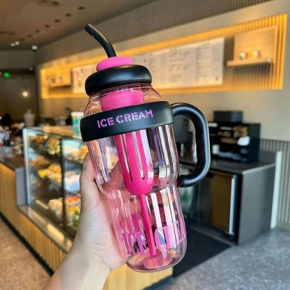 Ice cream-themed 1200ml water bottle with straw – pink outdoor design | N.C.C