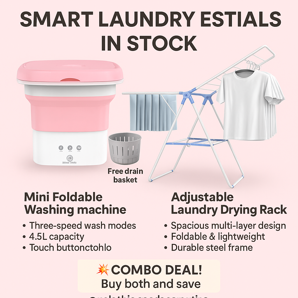 Smart Laundry Essentials – Mini Foldable Washing Machine + Adjustable Laundry Drying Rack | N.C.C