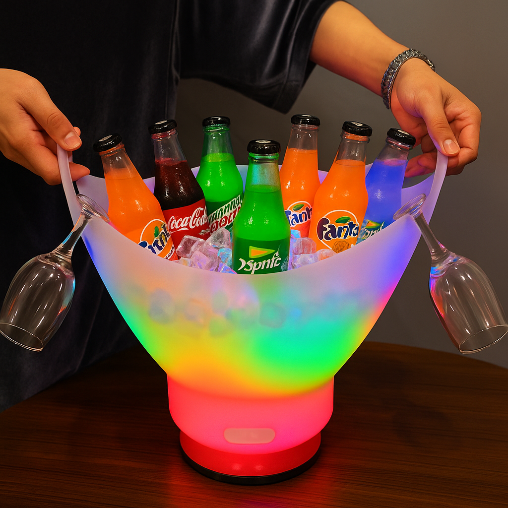 GlowSipSet Party Set – 4 cocktail glasses and 7L RGB LED ice bucket Bluetooth speaker | N.C.C